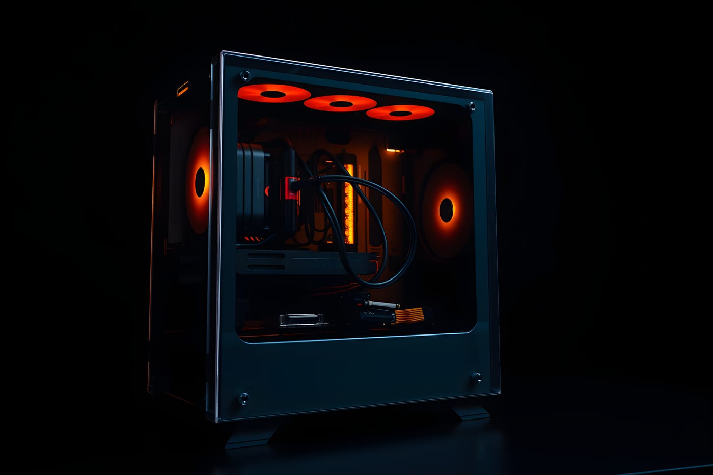 A custom desktop PC with warm internal lighting