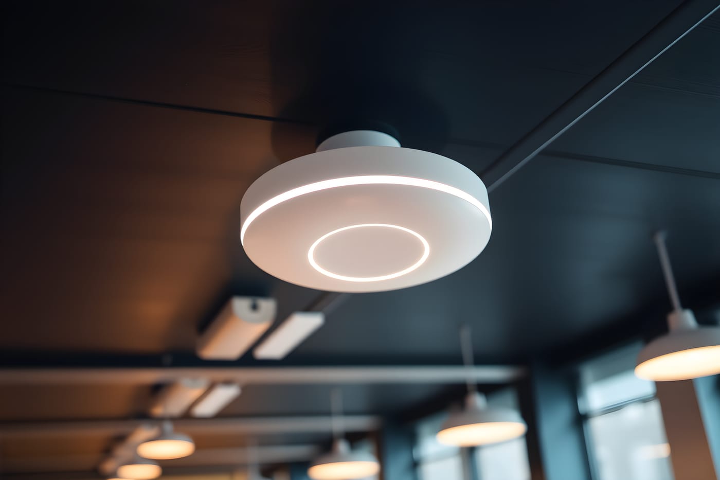 A ceiling-mounted wireless access point glowing in a modern office